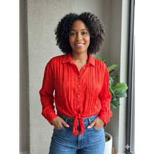 Calligraphie Red Pleated Front Tie Button Up Blouse Top Boho Red Size Large